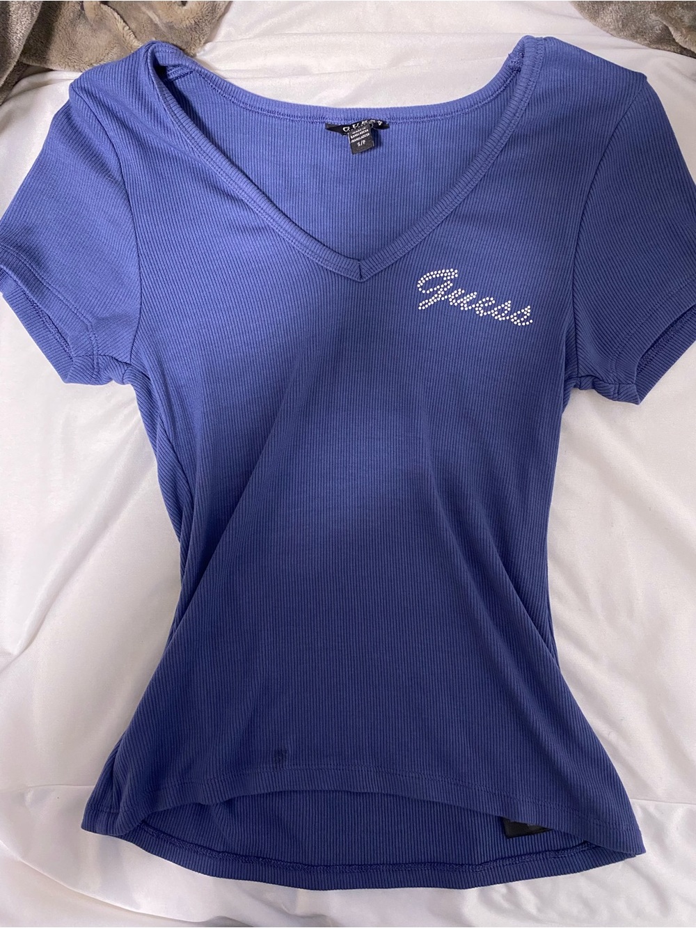 Guess V-Neck Ribbed Short Sleeve Top in Blue